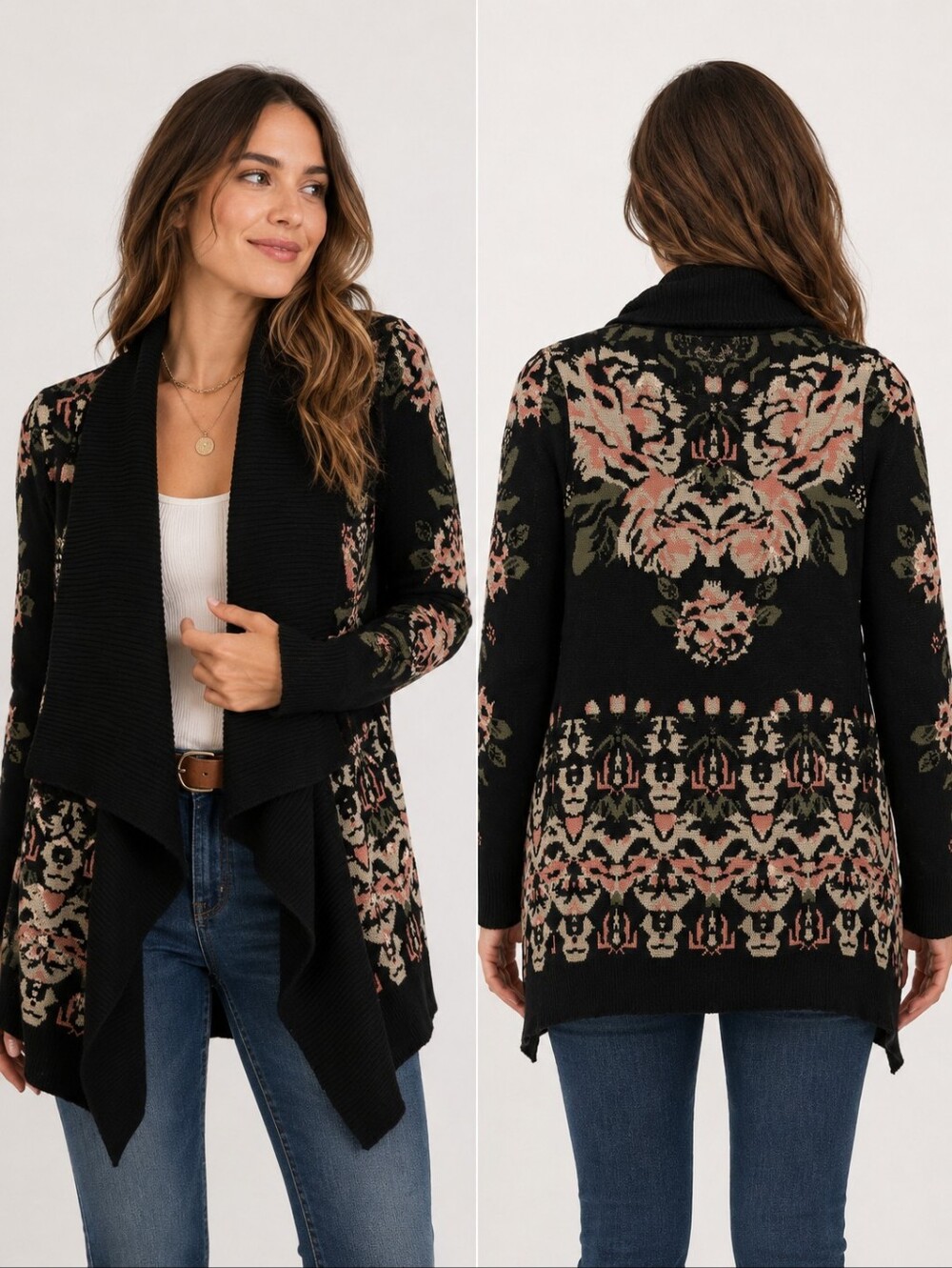 Staring at Stars Floral Jacquard Waterfall Cardigan Sweater Black Small